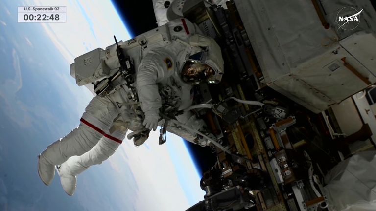 In this image, made from NASA TV, US astronaut Suni Williams works outside the International Space Station during a spacewalk, Thursday, Jan. 30, 2025. (AP Photo/NASA TV)