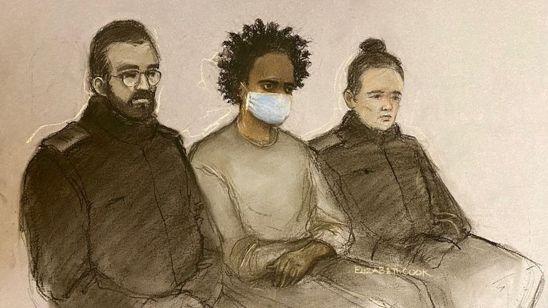 Court artist sketch by Elizabeth Cook of Southport stabbings suspect Axel Rudakubana, 18, appearing on the first day of his trial at Liverpool Crown Court, where he has pleaded guilty to murdering three young girls in a knife attack at a Taylor Swift-themed dance class. Rudakubana has also pleaded guilty to the attempted murder of eight other children and to the attempted murder of Leanne Lucas and Jonathan Hayes in Southport, Merseyside on July 29, 2024. Picture date: Monday January 20, 2025.