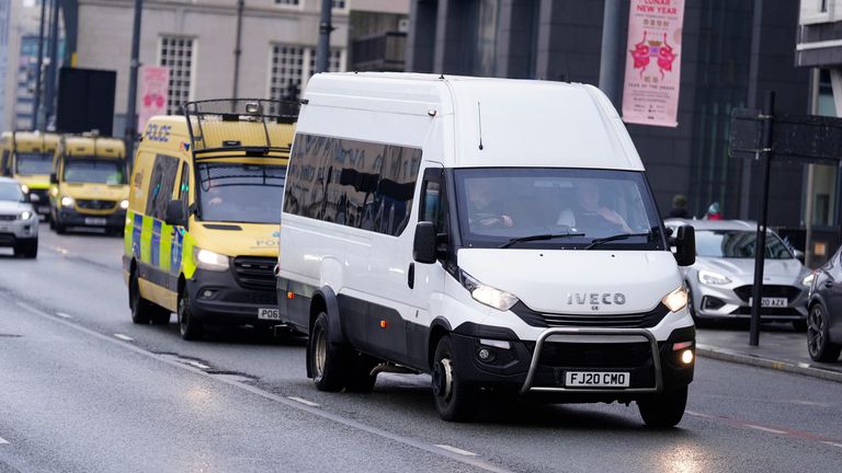 A prison van believed to contain Axel Rudakubana  arriving at Liverpool Crown Court ahead of his trial. The 18-year-old is charged with three counts of murder, 10 attempted murders and possession of a knife, after a stabbing attack on a Taylor Swift-themed children's holiday club class in Southport, Merseyside on July 29, 2024. Picture date: Monday January 20, 2025. PA Photo. See PA story COURTS Southport. Photo credit should read: Peter Byrne/PA Wire