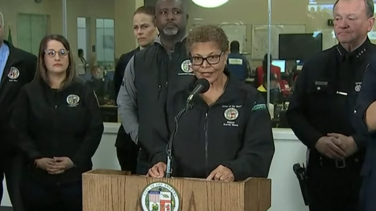 LA mayor Karen Bass speaks to the media