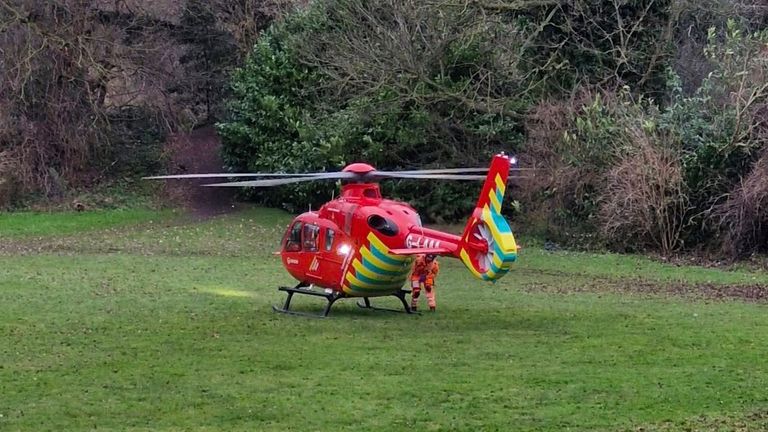 Handout photo of an air ambulance in Beddington Park, following a suspected stabbing near an Asda store in Croydon, south London. Police were called to Marlowe Way in Beddington on Thursday morning to reports of a stabbing at a warehouse. A man has been arrested following the incident. Picture date: Thursday January 23, 2025.