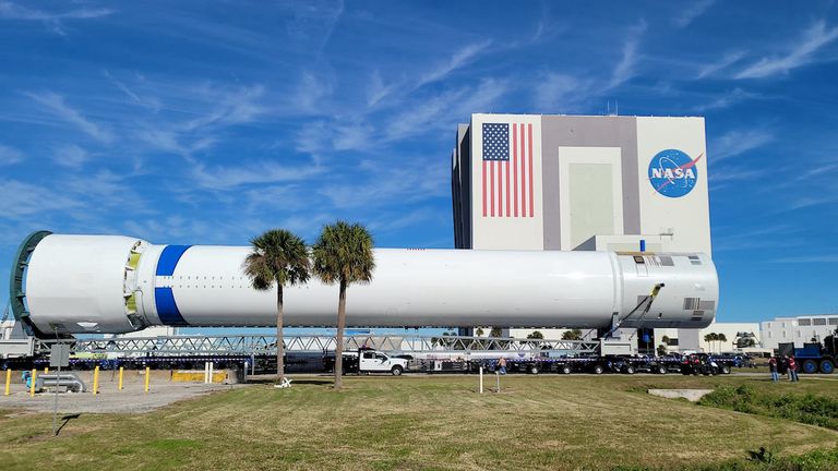 New Glenn's enormous first stage is transported from its factory. Pic: Blue Origin