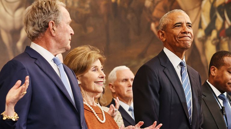 Former President George W. Bush, former first lady Laura Bush and former President Barack Obama. Pic: AP