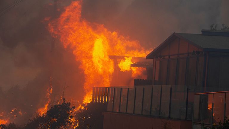 Flames rise as the Palisades fire burns during a weather driven windstorm on the west side of Los Angeles, California, U.S. January 7, 2025. REUTERS/Ringo Chiu

