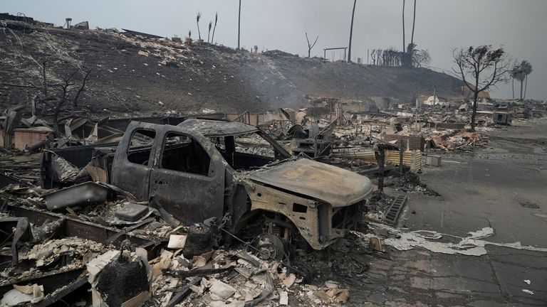 A vehicle and other structures are burned as the Palisades Fire ravages a neighborhood amid high winds in the Pacific Palisades neighborhood of Los Angeles, Wednesday, Jan. 8, 2025. (AP Photo/Damian Dovarganes)