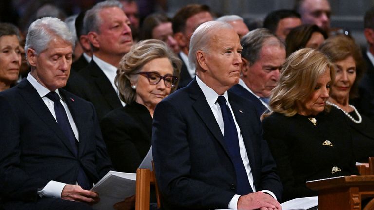 Former President Bill Clinton, former Secretary of State Hillary Clinton, President Joe Biden and First Lady Jill Biden attend state funeral services for former President Jimmy Carter at the National Cathedral on January 9, 2025 in Washington, D.C. Ricky Carioti/Pool via REUTERS