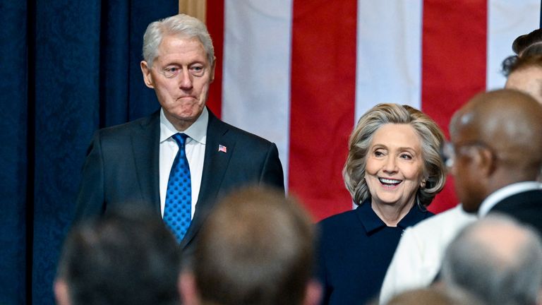 Former Secretary of State Hillary Clinton and former President Bill Clinton arrive. Pic: AP