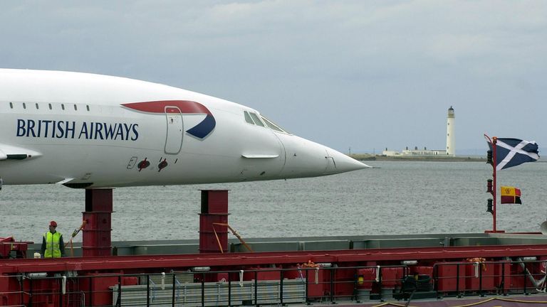 One of the Concorde fleet arrives at Torness Nuclear Power station on its journey to the Museum of flight in East Fortune with the Barnsness lighthouse in the background Dunbar.
