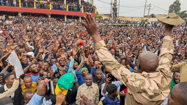 Congolese volunteers and former rebels gather in a rally to mobilise against the possible M23 rebels invasion in Bukavu, eastern Democratic Republic of Congo.
Pic: Reuters