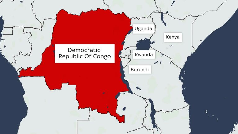 Map of Democratic Republic of Congo (DRC) showing neighbouring countries. 