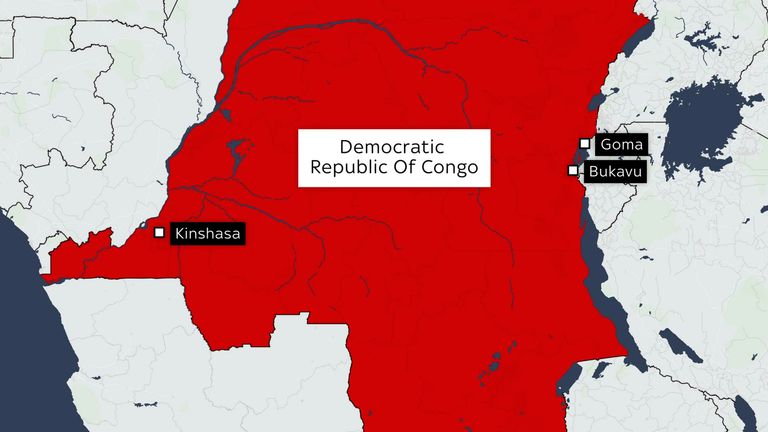 Map of Democratic Republic of Congo (DRC) showing Goma, Bukavu and Kinshasa. 