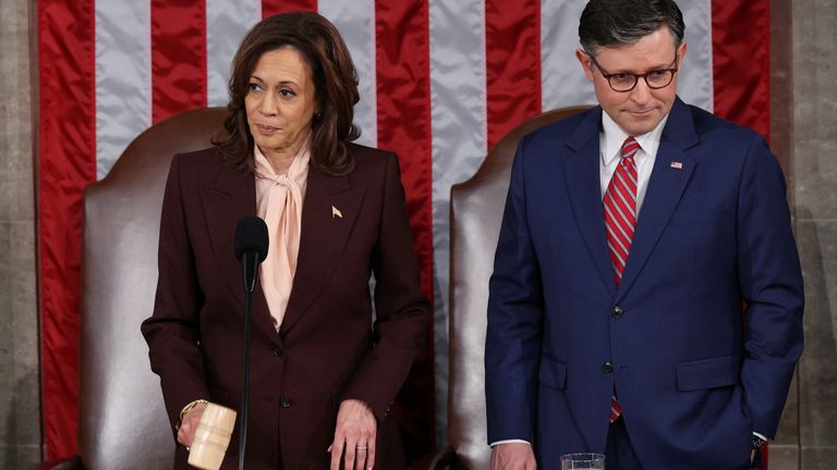 Ms Harris and Mr Johnson during the certification of Mr Trump's election. Pic: Reuters    