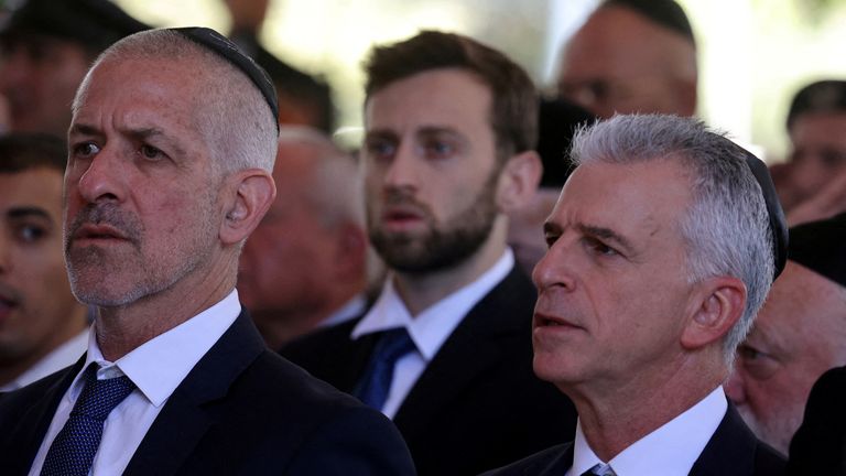 Israel's Chief of the Mossad David Barnea and Security Agency director Ronen Bar attend a memorial ceremony of the Hamas attack on October 7 last year that sparked the ongoing war in Gaza, at the Mount Herzl military cemetery in Jerusalem on October 27, 2024. GIL COHEN-MAGEN/Pool via REUTERS