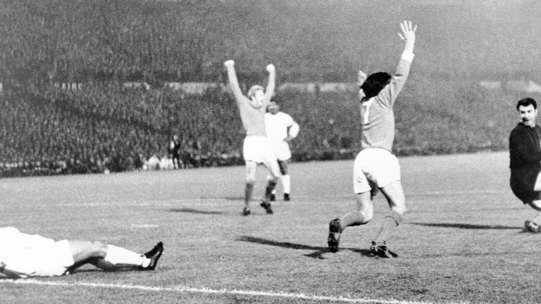 Denis Law, centre, during Manchester United's triumphant European Cup campaign in 1968. Pic: AP