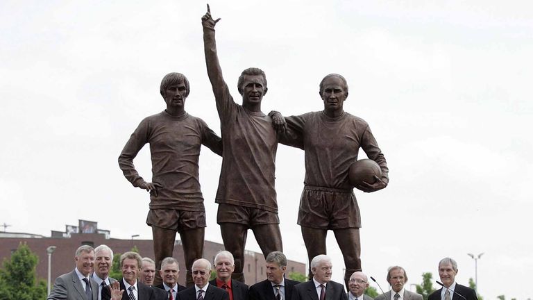 Denis Law, third from left, as a statue featuring him alongside Sir Bobby Charlton and George Best - known as the 'holy trinity' was unveiled in 2008.