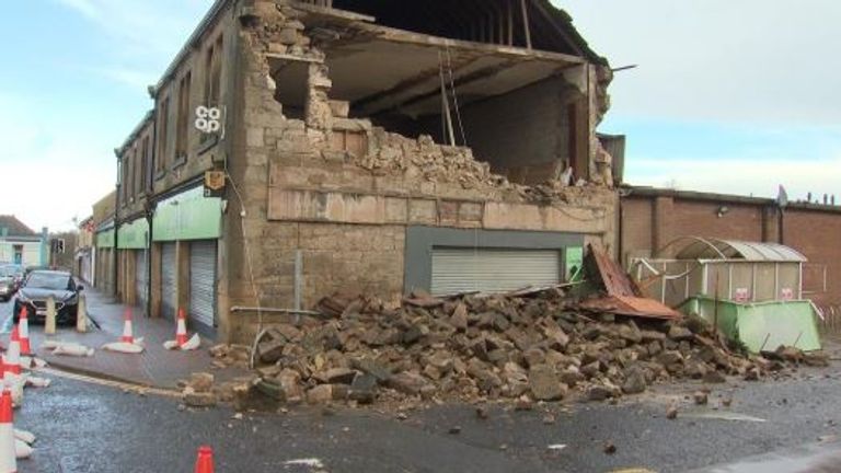 A damaged Co-op store in Denny, Falkirk, during Storm Eowyn