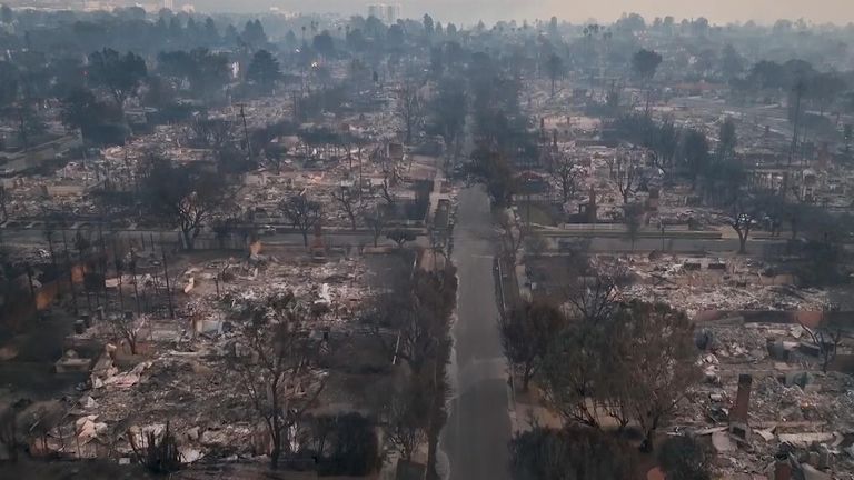 Aerial view of destruction in LA caused by wildfires 