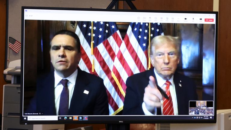 Donald Trump appears remotely for a sentencing hearing in front of New York State Judge Juan Merchan.
Pic: AP