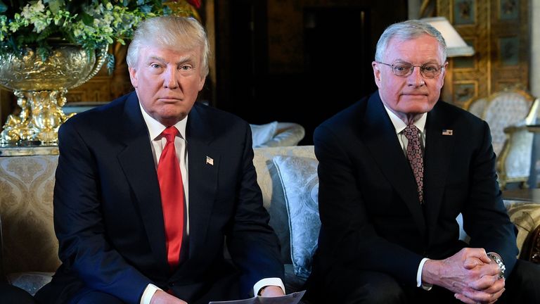 FILE - President Donald Trump, center, sits with retired Army Lt. Gen. Keith Kellogg, right, at Trump's Mar-a-Lago estate in Palm Beach, Fla., Feb. 20, 2017. President-elect Donald Trump...s choice for defense secretary is still up in the air, but it...s a sure bet he will look to pick a loyalist following his tumultuous first term. (AP Photo/Susan Walsh, File)