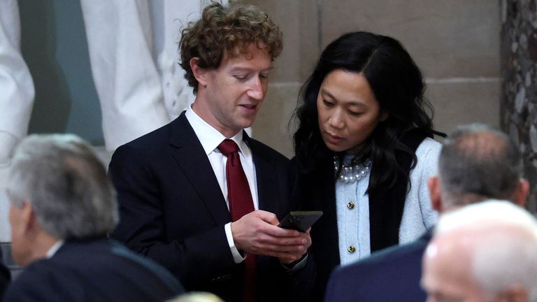 Meta CEO Mark Zuckerberg and Priscilla Chan in the Statuary Hall of the U.S. Capitol before the luncheon on the inauguration day of U.S. President Donald Trump.
Pic: Reuters