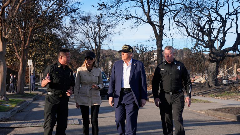 Donald Trump and Melania tour the hard-hit Pacific Palisades neighbourhood. Pic: AP