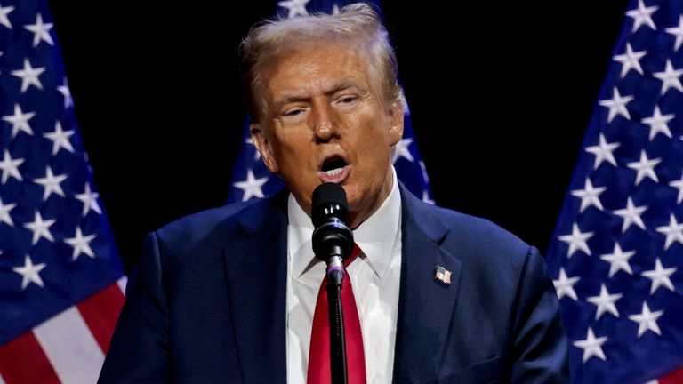 FILE PHOTO: Republican presidential nominee and former U.S. President Donald Trump addresses the Detroit Economic Club in Detroit, Michigan, U.S., October 10, 2024. REUTERS/Rebecca Cook/File Photo