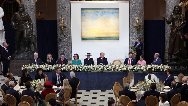 Mr Trump (centre) at his luncheon after his second term began on Monday.
Pic: Reuters/Evelyn Hockstein