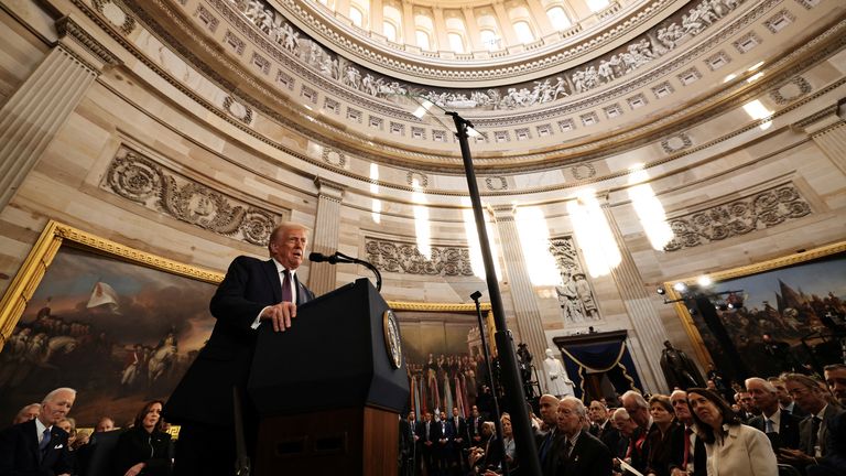 President Donald Trump speaks during his inauguration ceremony.
Pic: Reuters/Chip Somodevilla/Pool