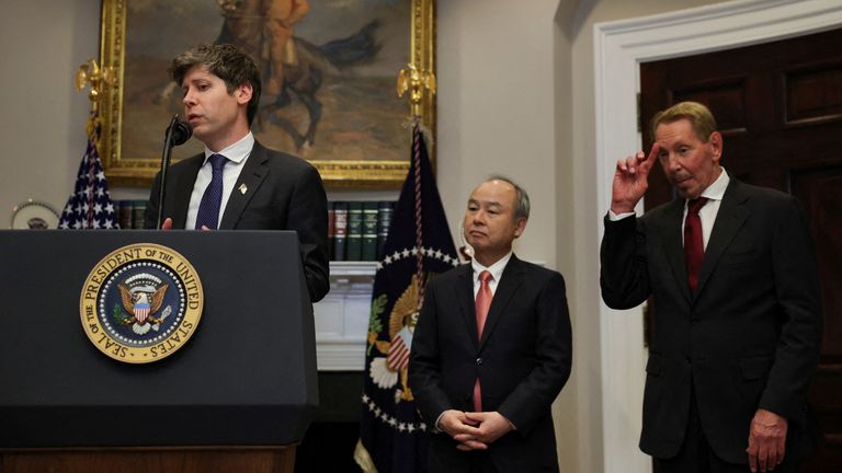 OpenAI's Sam Altman speaks at Tuesday's press conference next to Oracle co-founder Larry Ellison and SoftBank chief executive Masayoshi Son.
Pic: Reuters/Carlos Barria