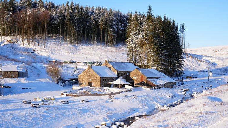 Snow covers the Killhope Lead Mine in Durham.
Pic: PA