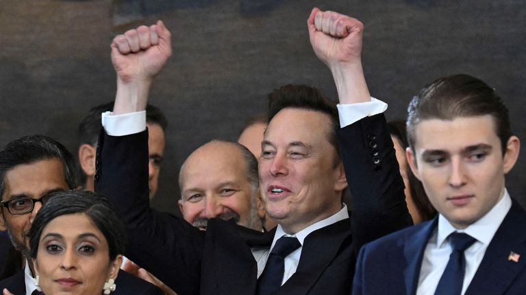 Tesla and SpaceX CEO Elon Musk cheers as US President Donald Trump speaks after being sworn in. Pic: Reutrers