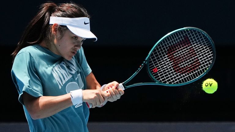 Raducanu during a practice session in Melbourne ahead of the Australian Open. Pic: AP