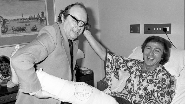 Des O'Connor (right) with Eric Morecambe, in the Wellington Hospital, London, 1978