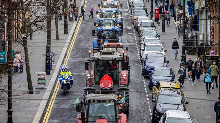 Members of the Ulster Farmers' Union take part in a protest on the streets of Derry/Londonderry. Pic: PA