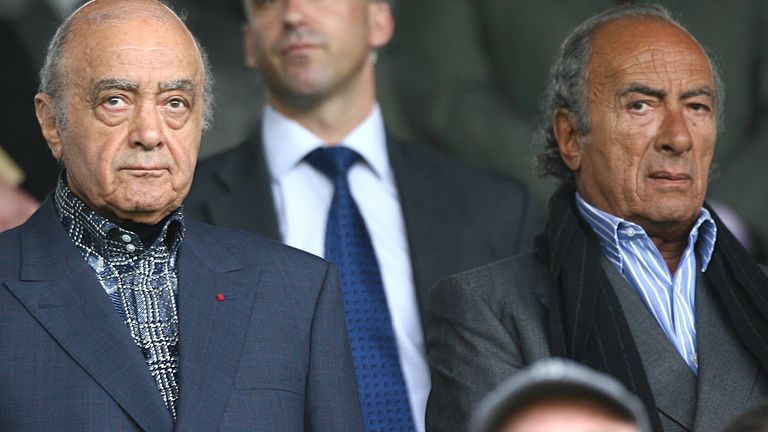 Mohamed al Fayed (left) with his brother Salah al Fayed (right) in the stands at a Fulham v Tottenham Hotspur match in 2007. Pic: PA

