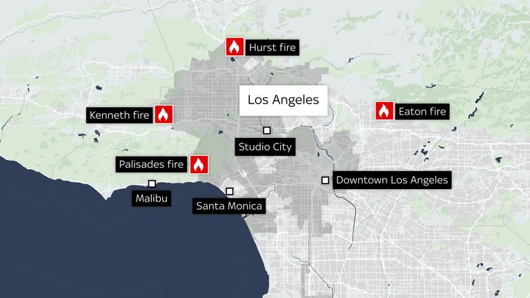 Latest map showing fires in LA. 