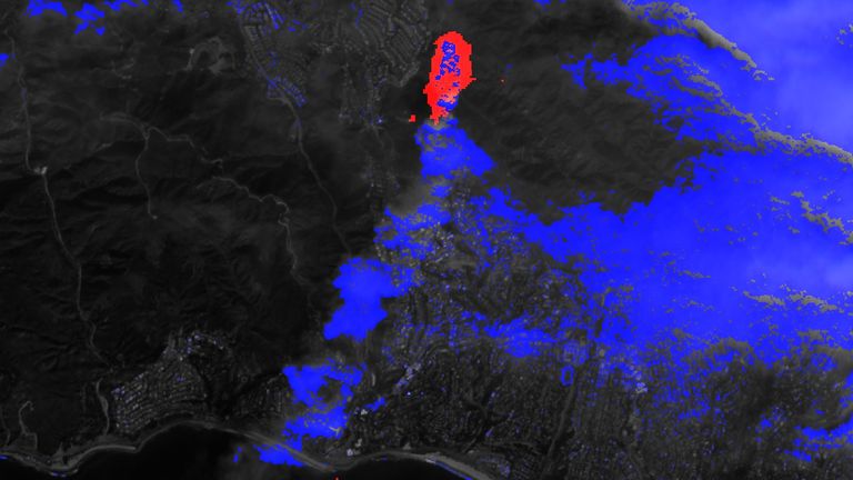 Sentinel satellite imagery of the Pacific Palisades from space, taken around 15 minutes after the Palisades Fire was first reported. The red indicates the area of land that had already burned. Pic: Sentinel Hub