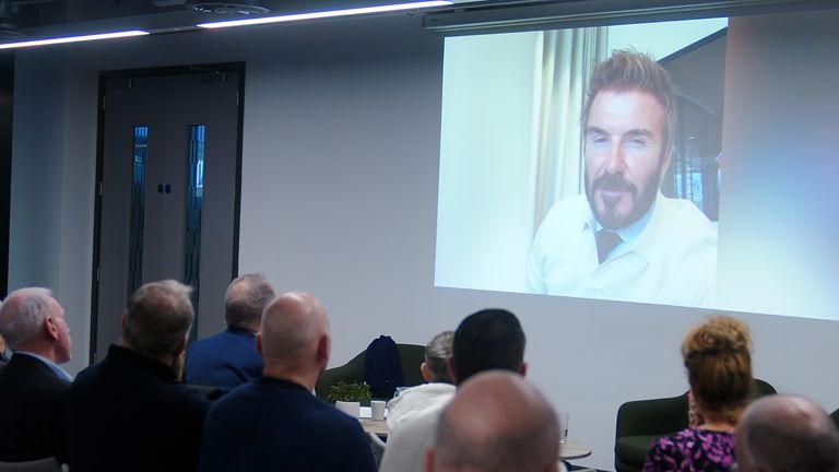 A video message from David Beckham was played during an event in Manchester on Friday.
Pic: PA