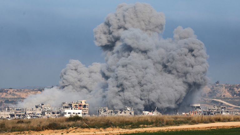 Smoke rises after an explosion in northern Gaza as the ceasefire is delayed. Pic: Reuters