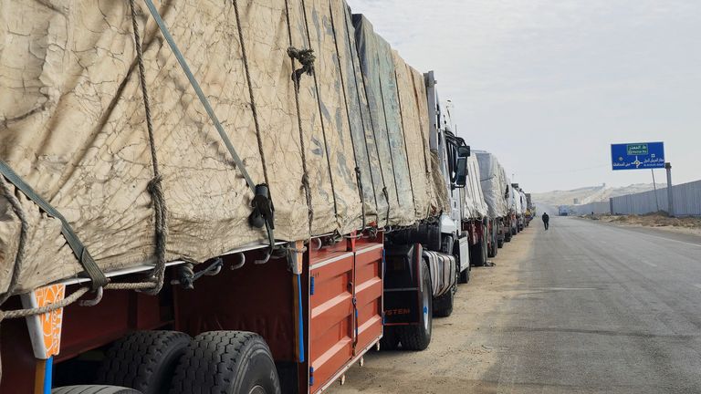 Trucks carrying aid line up near the Rafah border waiting to cross into the Gaza Strip.
Pic Reuters