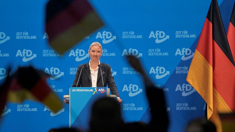 Alice Weidel looks on after she was elected as top candidate for chancellor of the AfD.
Pic: Reuters/Matthias Rietschel