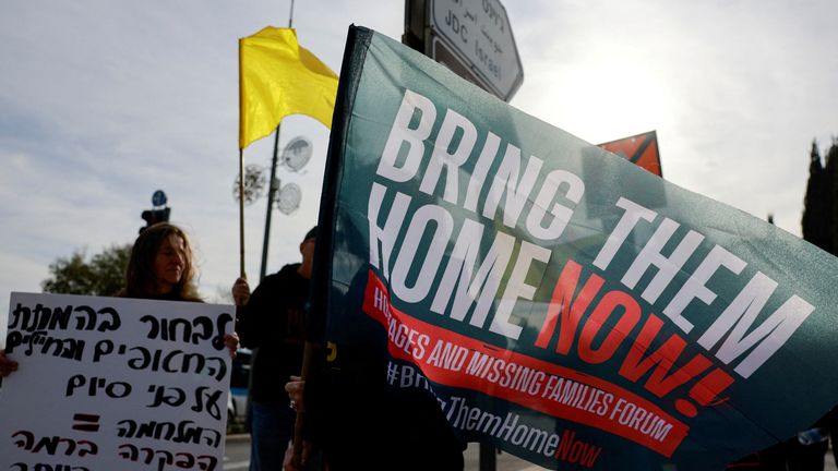 Families of Israeli hostages gathered earlier this week in Jerusalem. Pic: Reuters