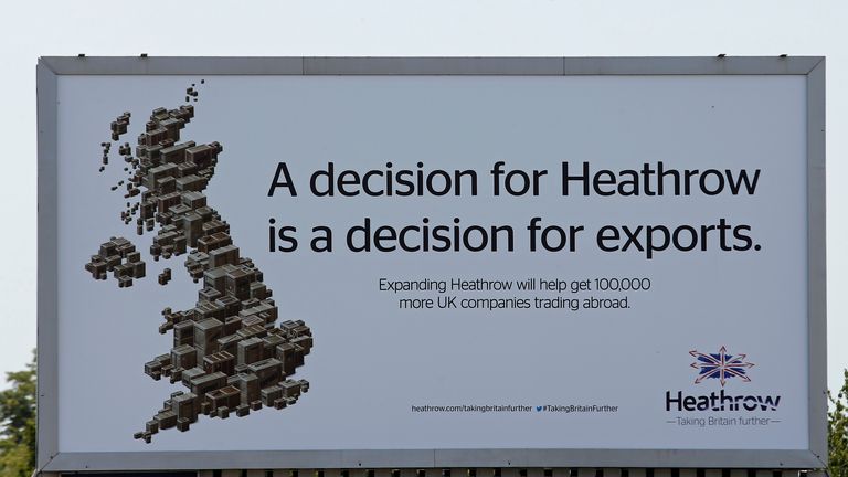 An advert near Heathrow pushing for a third runway in 2015, when a government-appointed commission recommended Heathrow for a UK airport capacity expansion. Pic: Reuters