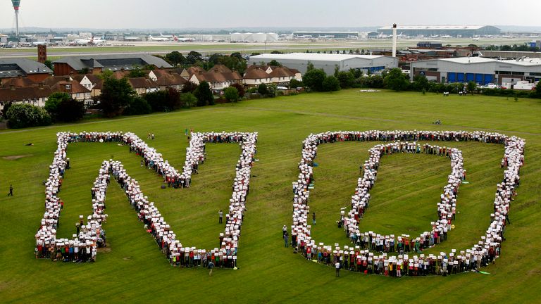 Protesters formed a giant 'NO' in front of Heathrow as they demonstrated against its expansion in 2008. Pic: Reuters