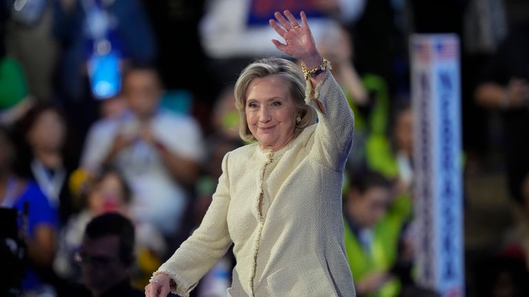 FILE - Hillary Clinton speaks during the Democratic National Convention Monday, Aug. 19, 2024, in Chicago. (AP Photo/Charles Rex Arbogast, File)