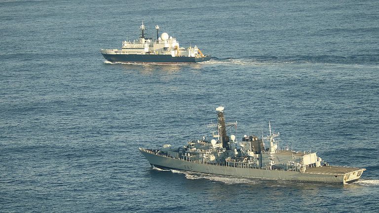 HMS Somerset flanking Russian ship Yantar near UK waters.
Pic: Royal Navy/PA