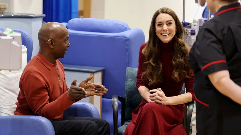 The Princess of Wales talks with Peter Burton as she visits The Royal Marsden Hospital.
Pic: Reuters