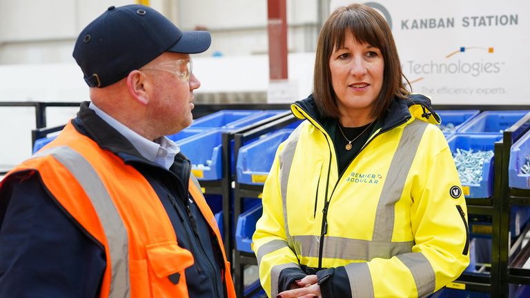 Rachel Reeves speaking to a staff member during a tour of the manufacturing facilities at Premier Modular in Driffield, Humberside.
Pic PA