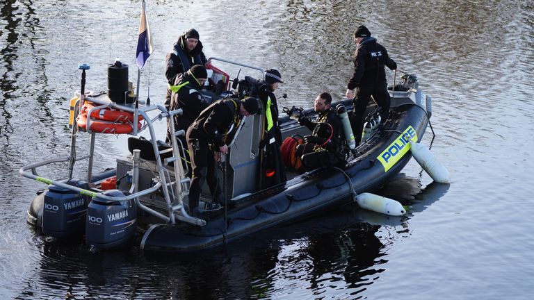 A Police dive boat on the River Dee at Aberdeen harbour during the ongoing search for missing sisters, Eliza and Henrietta Huszti. The pair were last seen on CCTV on Market Street at Victoria Bridge, Aberdeen, at about 2.12am on Tuesday January 7. Picture date: Tuesday January 14, 2025.