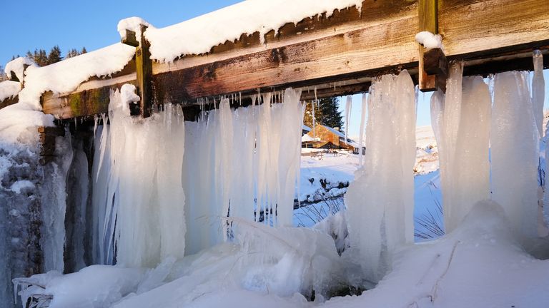 Icicles hang from the Killhope Lead Mine in Durham.
Pic: PA